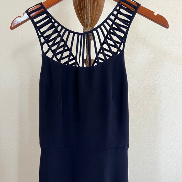 Parker Size XS Navy Blue Sleeveless Cage V-Neck Silk Fit & Flare Mini Dress - Picture 5 of 10